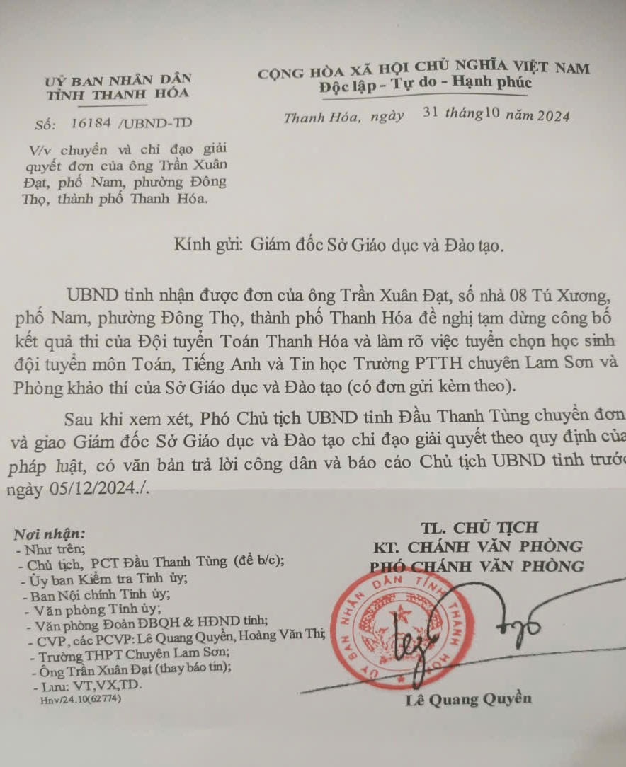 C&ocirc;ng d&acirc;n đề nghị tạm dừng c&ocirc;ng bố kết quả thi Đội tuyển To&aacute;n, Ph&oacute; chủ tịch tỉnh y&ecirc;u cầu trả lời- Ảnh 1.