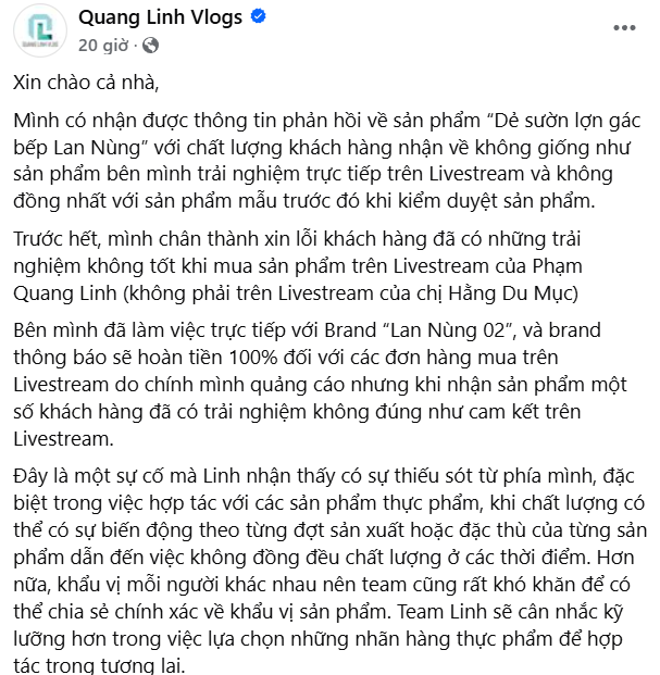 Quang Linh Vlogs xin lỗi v&igrave; livestream b&aacute;n phải h&agrave;ng k&eacute;m chất lượng- Ảnh 1.