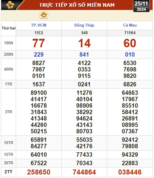 Kết quả xổ số h&ocirc;m nay, 25-11: TP HCM, Đồng Th&aacute;p, C&agrave; Mau, Ph&uacute; Y&ecirc;n, H&agrave; Nội...- Ảnh 1.