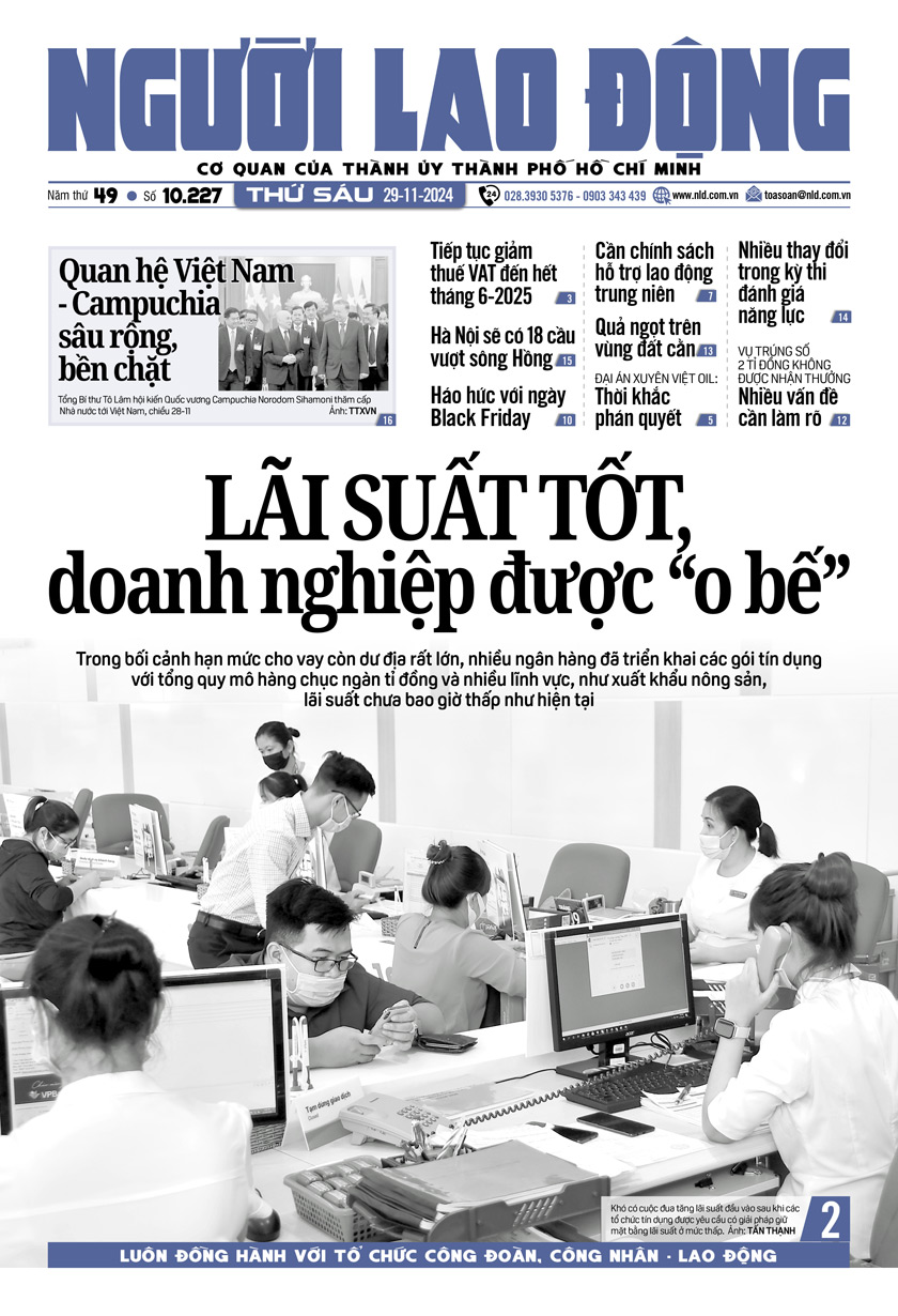 Bìa in Báo Người Lao Động ra ngày 29-11-2024