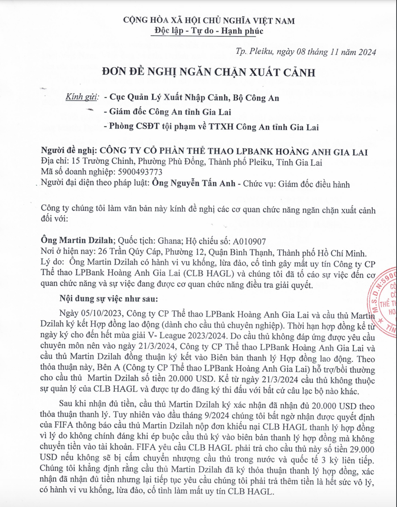 CLB Ho&agrave;ng Anh Gia Lai đề nghị cấm Martin Dzilah xuất cảnh, đ&atilde; kh&aacute;ng c&aacute;o FIFA- Ảnh 2.