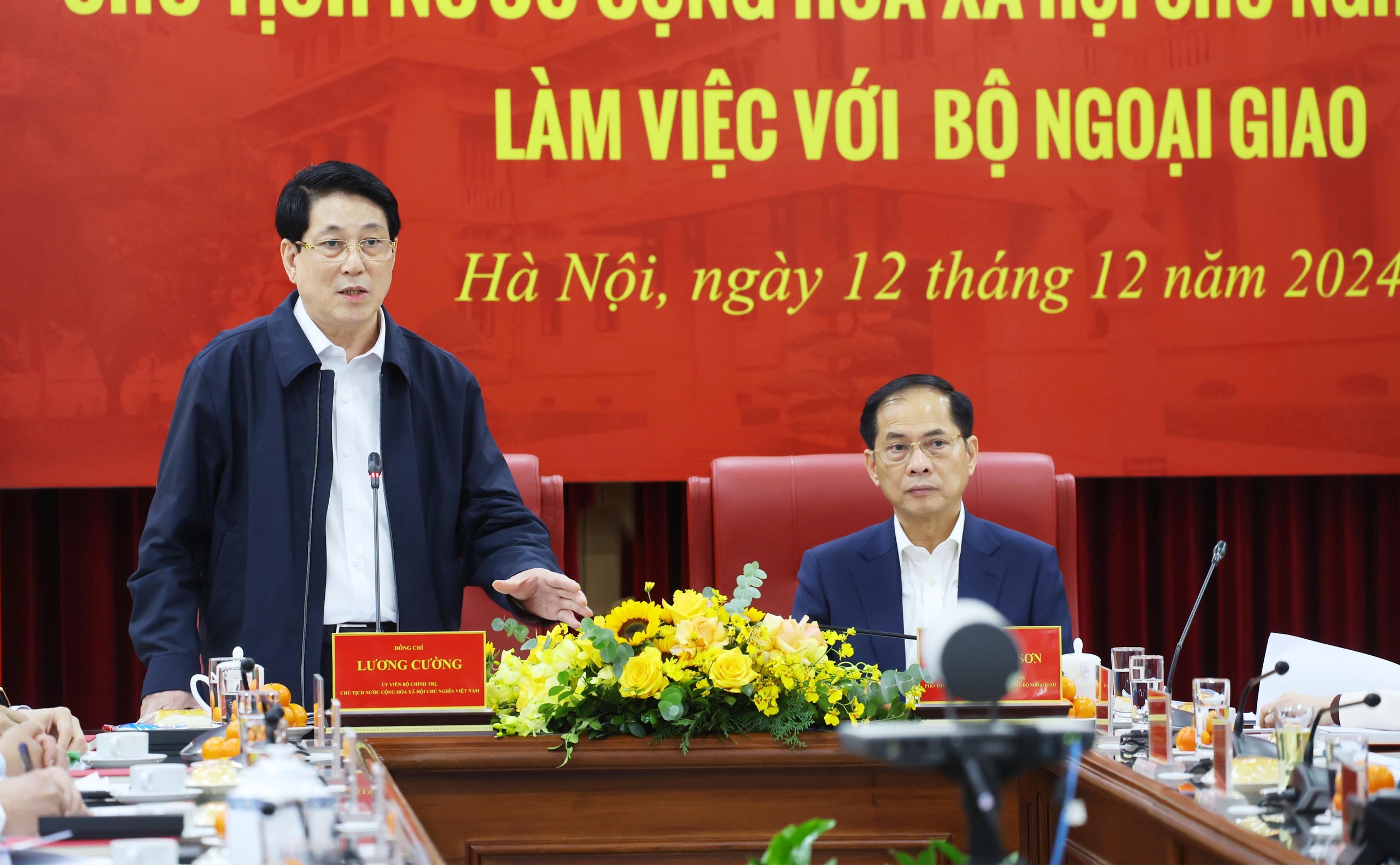 Chủ tịch nước Lương Cường ph&aacute;t biểu chỉ đạo tại buổi l&agrave;m việc với Bộ Ngoại giaoẢnh: TTXVN