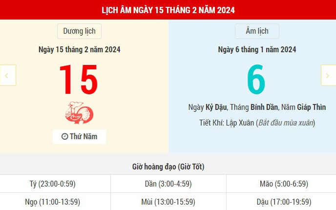 Lịch Âm hôm nay (15-2) những thông tin tham khảo