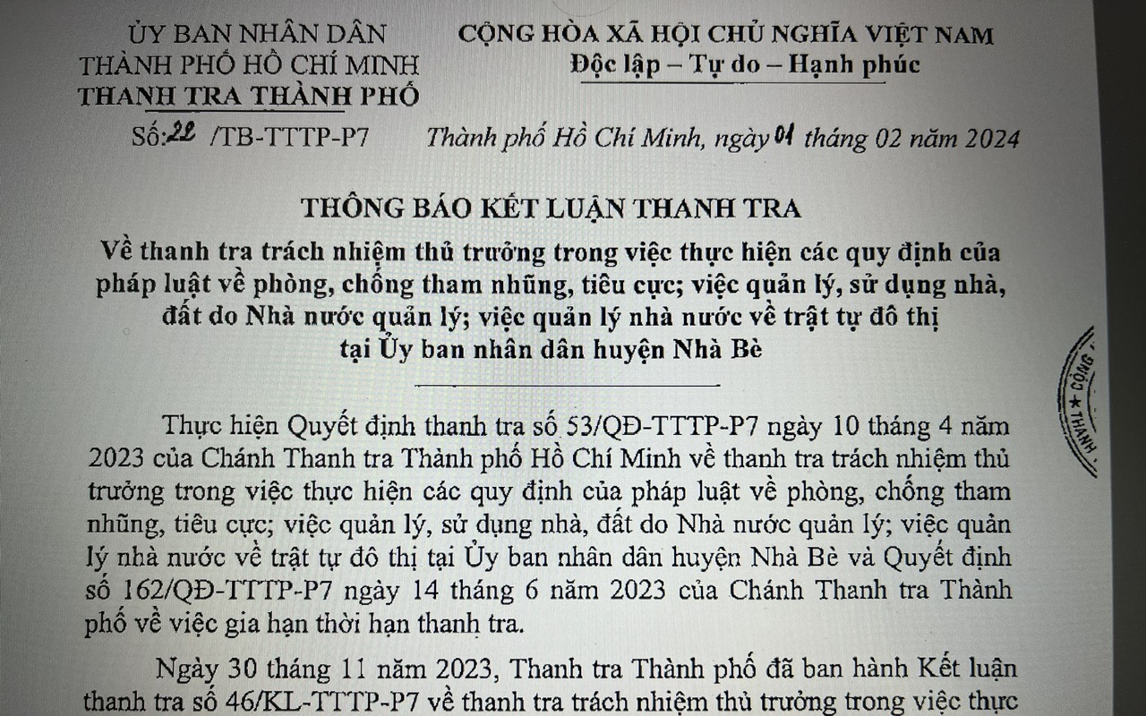 Vì sao thanh tra trách nhiệm tại UBND huyện Nhà Bè?
