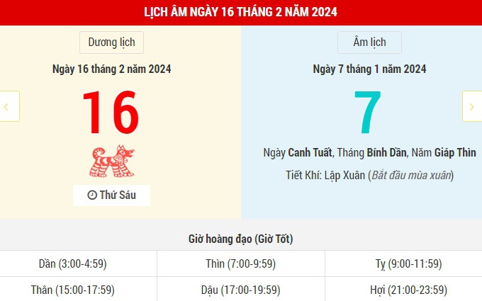 Lịch Âm hôm nay (16-2) và những thông tin cần biết