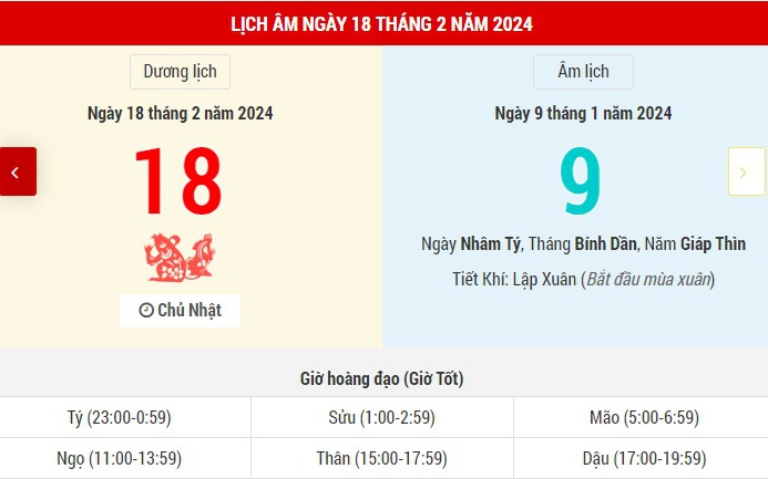 Lịch Âm hôm nay (18-2) và những thông tin cần tham khảo