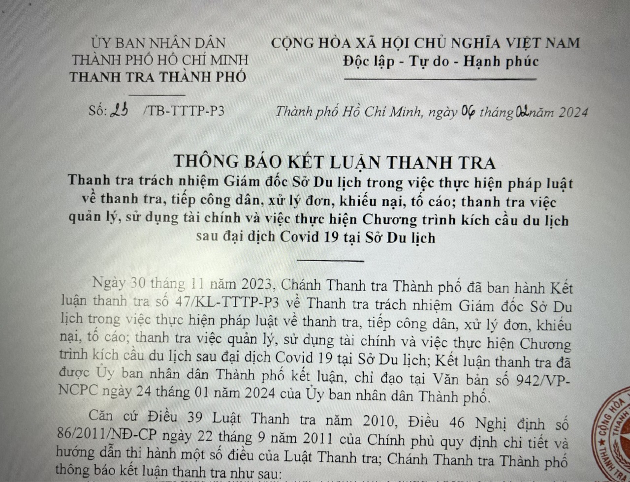 Kết luận về thanh tra tr&aacute;ch nhiệm Gi&aacute;m đốc Sở Du lịch TP HCM- Ảnh 1.