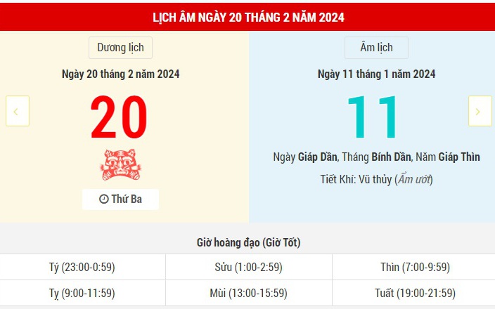 Lịch Âm hôm nay (20-2) và những thông tin tham khảo