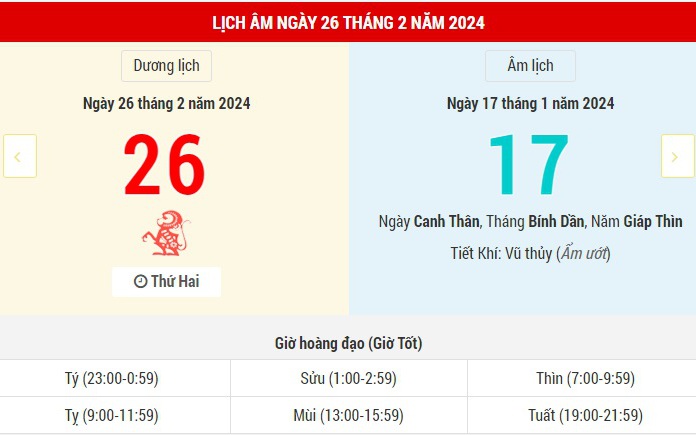 Lịch Âm hôm nay (26-2) và những thông tin tham khảo
