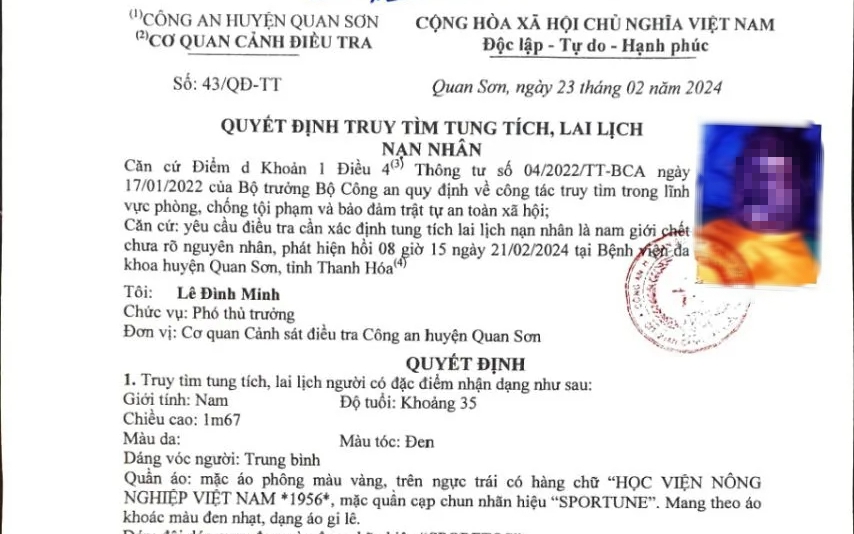 Người đàn ông chết trong bệnh viện, trên áo có hàng chữ "Học viện nông nghiệp"