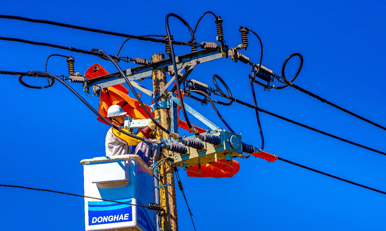 A person on a power pole Description automatically generated