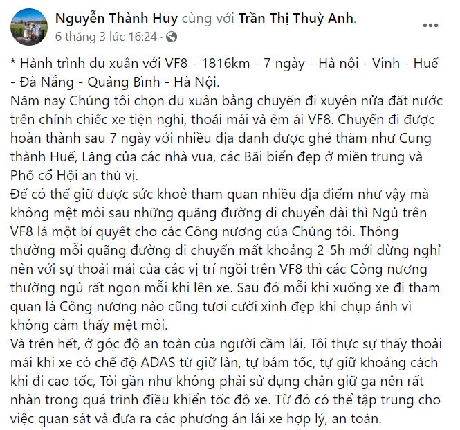 Anh Huy t&acirc;m đắc về chuyến du xu&acirc;n c&ugrave;ng gia đ&igrave;nh tr&ecirc;n chiếc VF 8 tiện nghi, thoải m&aacute;i v&agrave; &ecirc;m &aacute;i (Nguồn ảnh: Facebook Nguyễn Th&agrave;nh Huy)