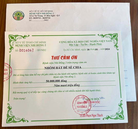 Thư cảm ơn của Bệnh viện Nhi Đồng 2 Ảnh: FANPAGE HÁT ĐỂ SẺ CHIA