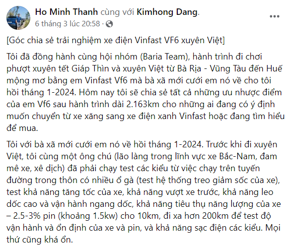 Chủ xe VinFast VF 6 bất ngờ với chi ph&iacute; nhi&ecirc;n liệu chỉ bằng 20% xe xăng- Ảnh 1.