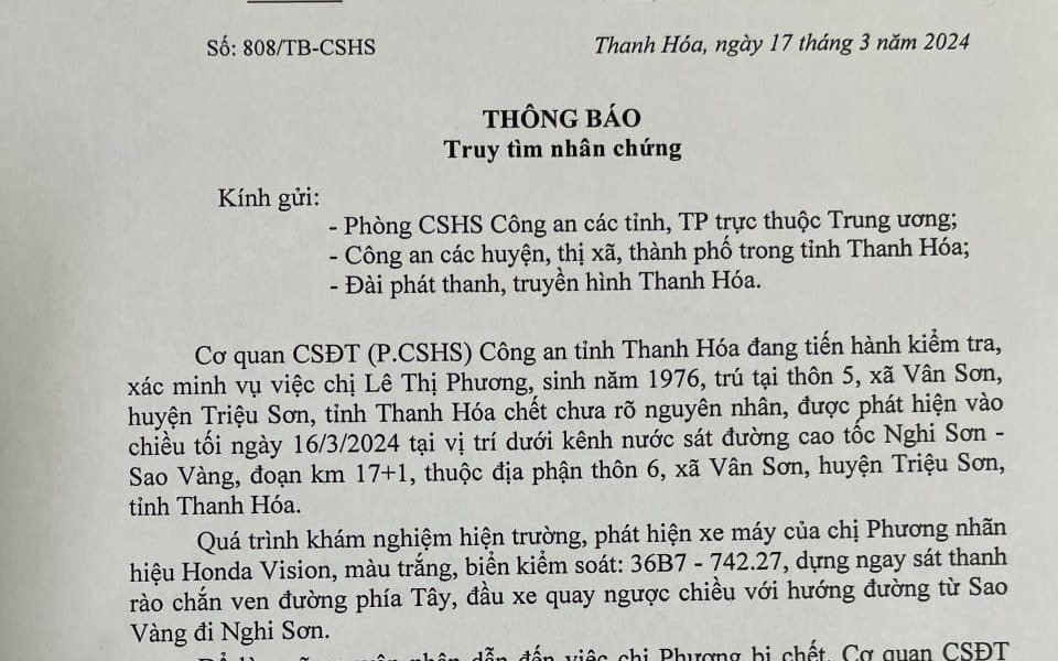 Tìm nhân chứng vụ người phụ nữ tử vong bất thường cách nhà 800 m
