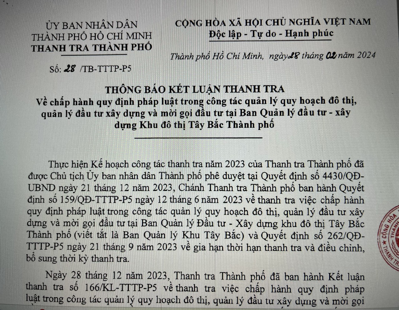 TP HCM: Vì sao Ban Quản lý đầu tư – xây dựng Khu đô thị Tây Bắc phải tổ chức kiểm điểm?- Ảnh 1.