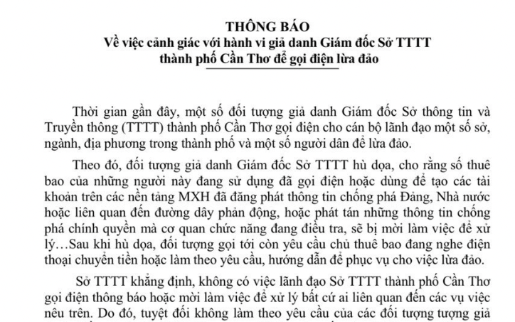 Cần Thơ: Thông báo cảnh giác với hành vi giả danh giám đốc để lừa đảo