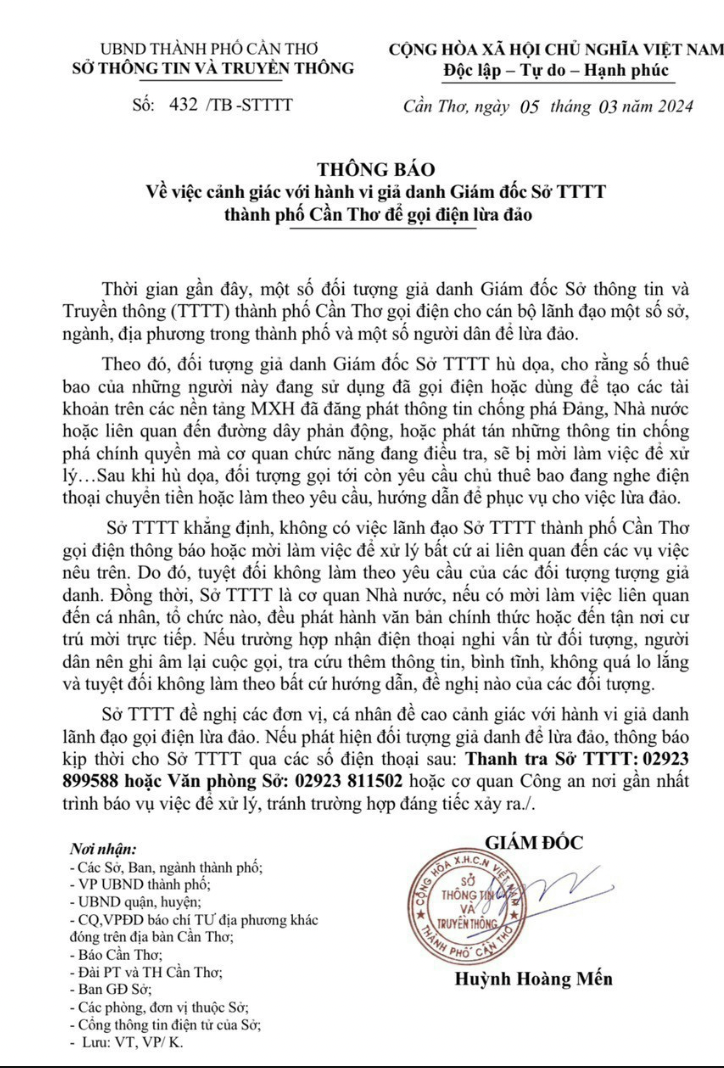Cần Thơ: Giả danh giám đốc sở nói