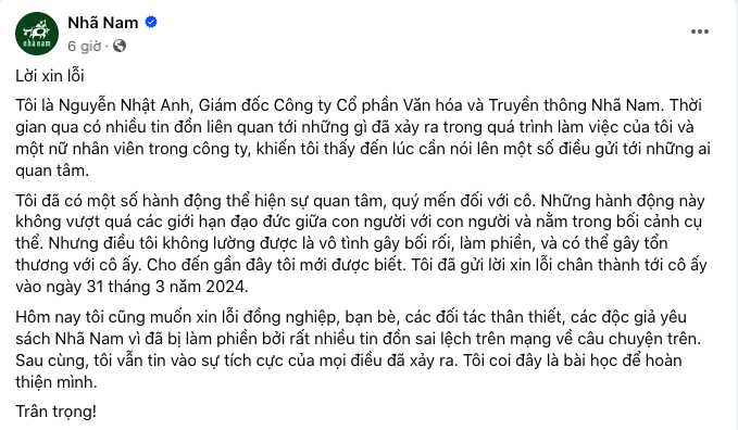 Gi&aacute;m đốc Nh&atilde; Nam xin lỗi sau khi c&oacute; th&ocirc;ng tin "quấy rối nh&acirc;n vi&ecirc;n nữ"- Ảnh 1.