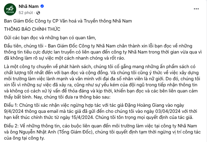 Tổng Giám đốc Nhã Nam tạm thời dừng công việc sau thông tin