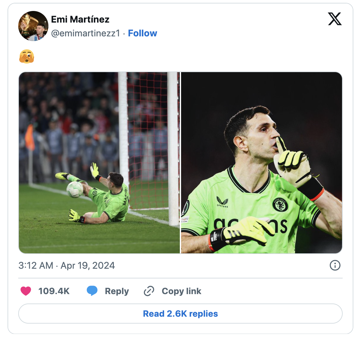 Hy hữu: Hai thẻ vàng không bị đuổi, Emiliano Martinez