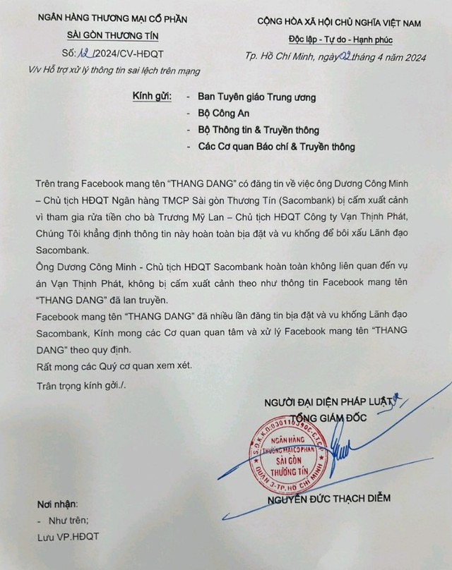 Sacombank b&aacute;c bỏ th&ocirc;ng tin bịa đặt vu khống &ocirc;ng Dương C&ocirc;ng Minh- Ảnh 1.