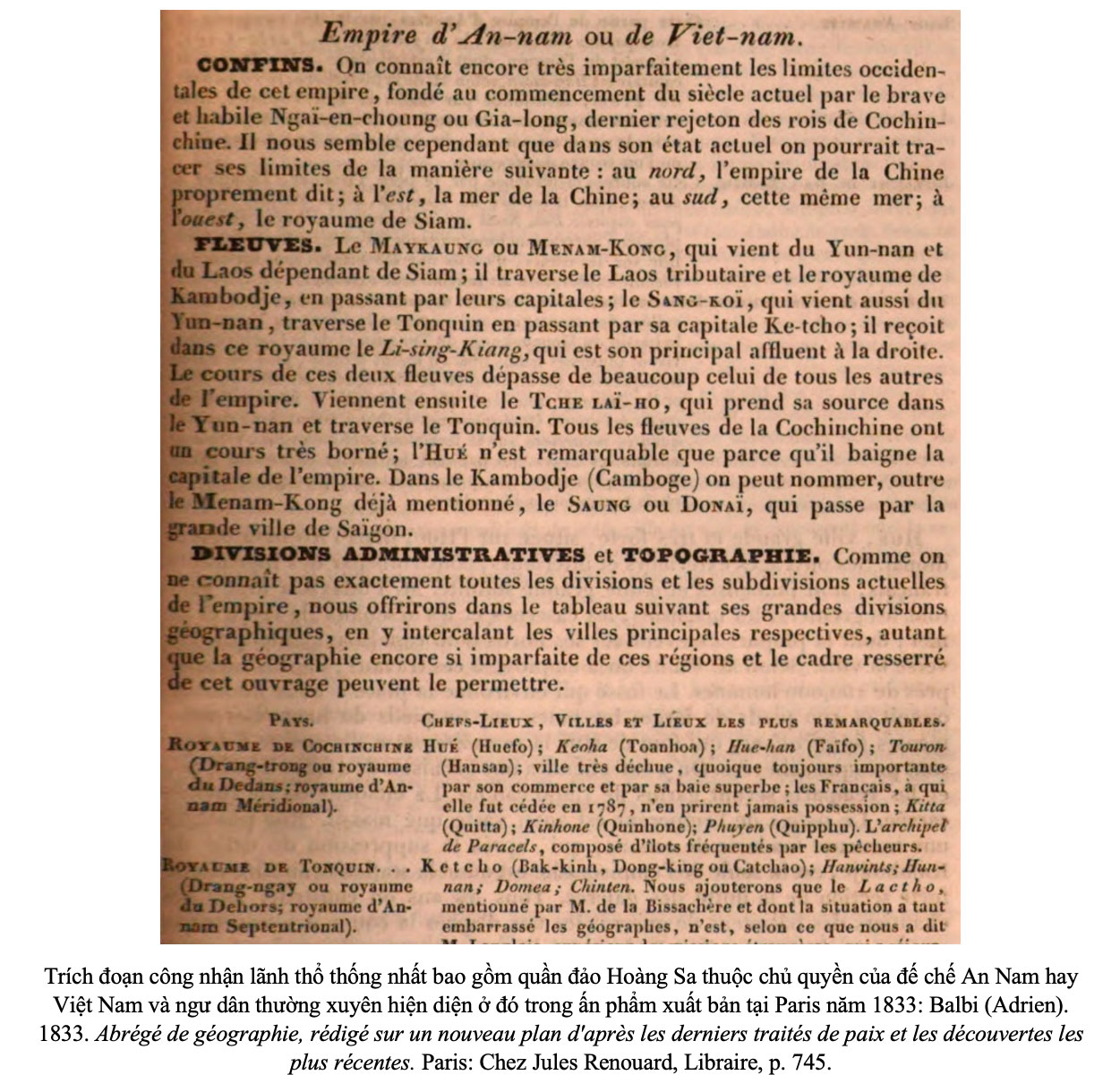 Trích đoạn trong ấn phẩm “Địa lý tóm tắt” của học giả Adrien Balbi xuất bản tại Paris - Pháp năm 1833, được ThS Nguyễn Quang Trung Tiến sưu tầm, nghiên cứu
