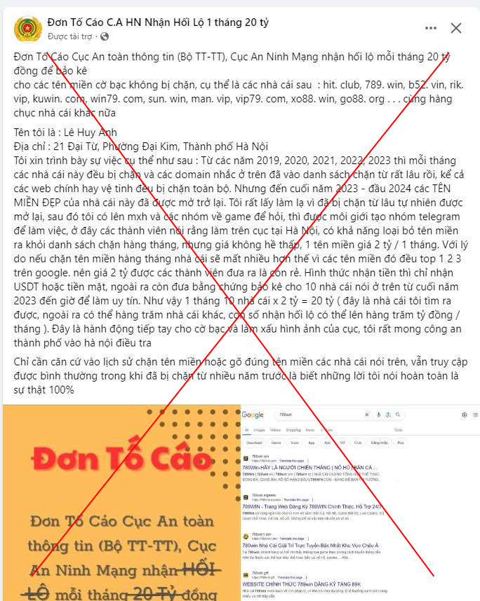 Thủ đoạn phát tán "đơn tố cáo" trên Facebook để quảng cáo web đánh bạc - Ảnh 1.