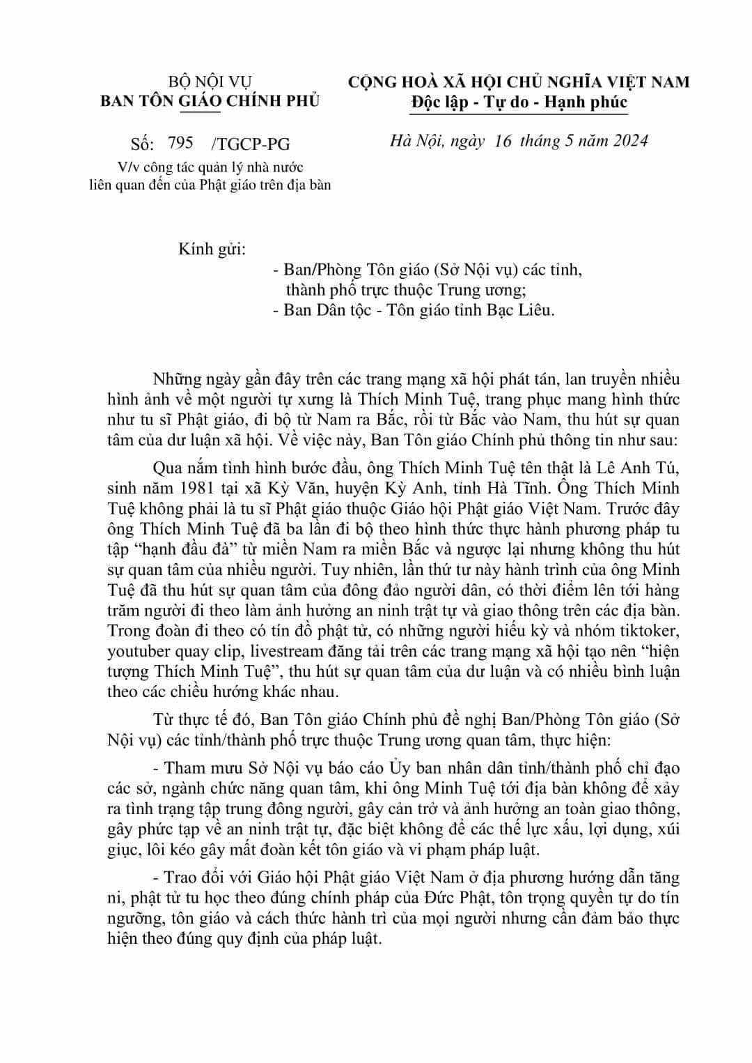Ban T&ocirc;n gi&aacute;o Ch&iacute;nh phủ th&ocirc;ng tin về "sư Th&iacute;ch Minh Tuệ"- Ảnh 2.