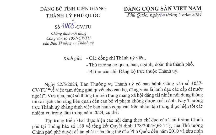 Thành ủy Phú Quốc nói rõ lý do tạm dừng cho cán bộ đi nước ngoài