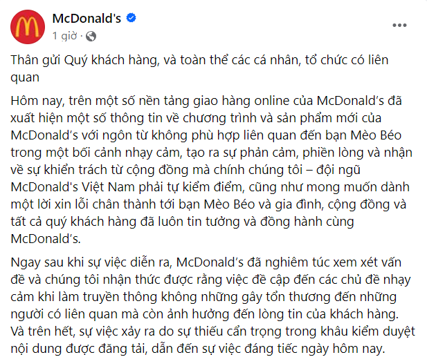 McDonald's Việt Nam xin lỗi v&igrave; quảng c&aacute;o "k&eacute;m duy&ecirc;n"- Ảnh 1.