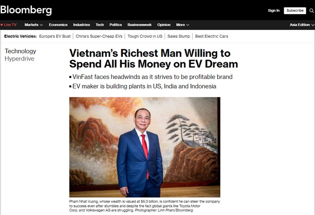 Bloomberg đăng b&agrave;i phỏng vấn Chủ tịch Vingroup Phạm Nhật Vượng v&agrave;o đ&uacute;ng ng&agrave;y kỷ niệm 5 năm kh&aacute;nh th&agrave;nh nh&agrave; m&aacute;y VinFast