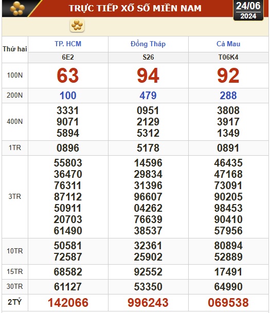 Kết quả xổ số h&ocirc;m nay, 24-6: TP HCM, Đồng Th&aacute;p, C&agrave; Mau, Ph&uacute; Y&ecirc;n, H&agrave; Nội...- Ảnh 1.