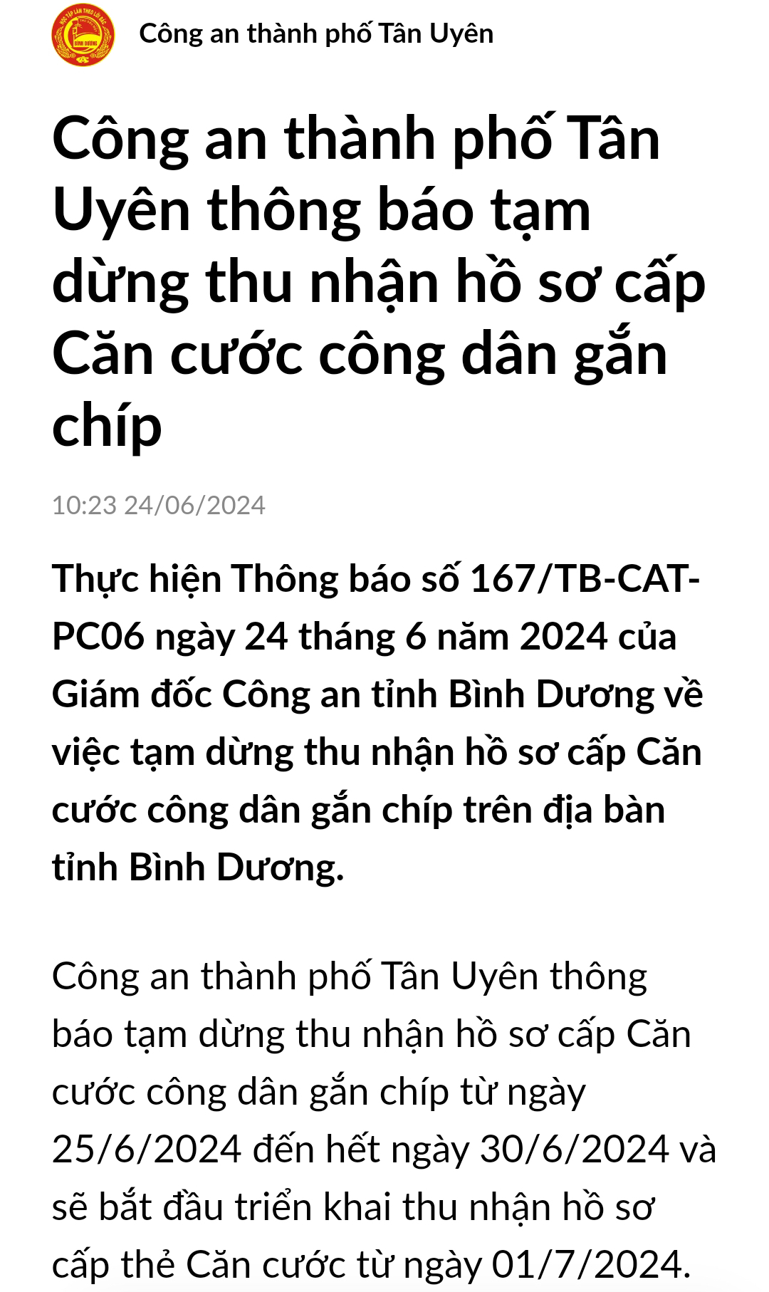 H&ocirc;m nay 25-6, C&ocirc;ng an B&igrave;nh Dương, Đồng Nai tạm dừng thu nhận hồ sơ cấp CCCD- Ảnh 1.
