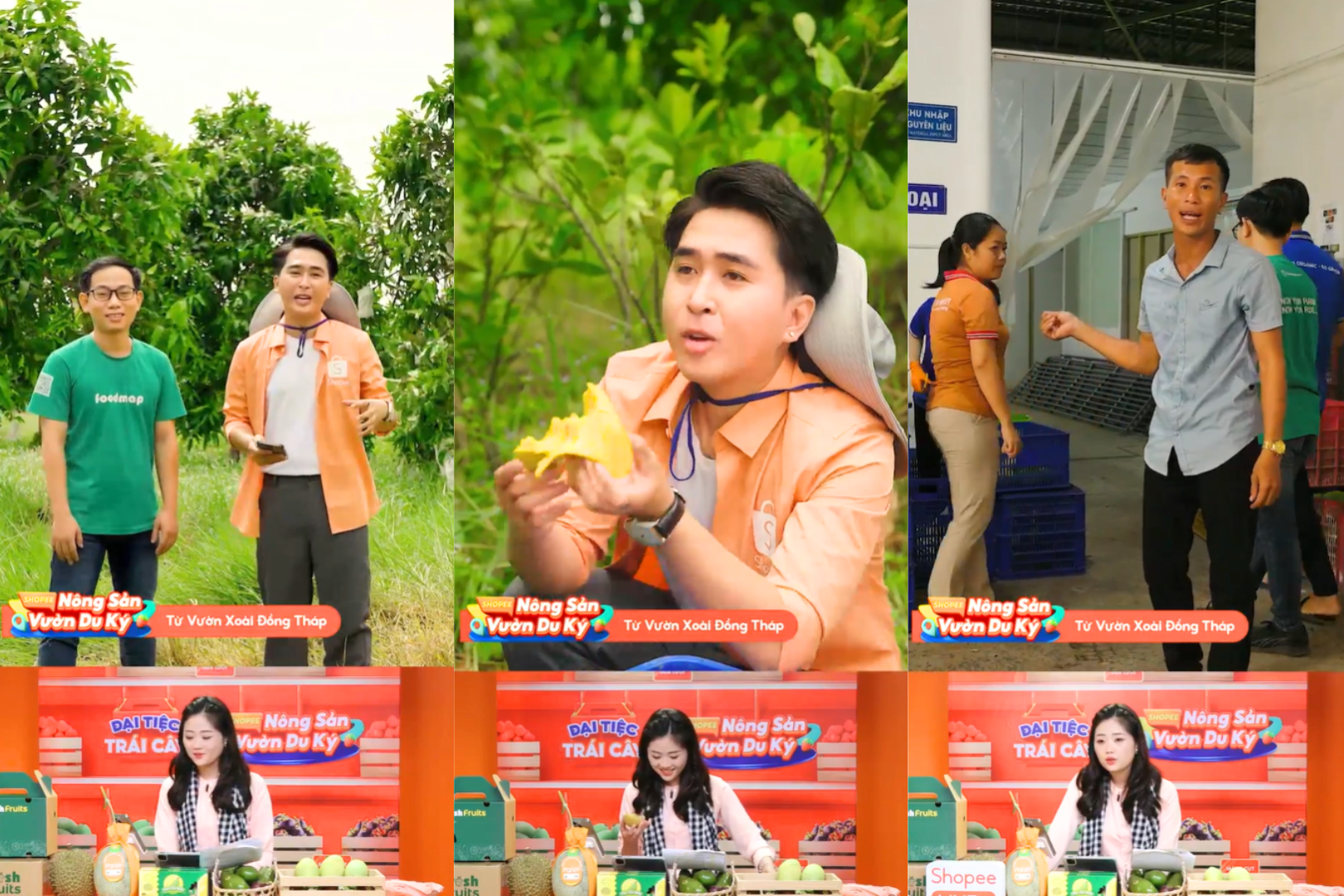 KOL Thanh Nhí, CEO FoodMap và chủ vườn xoài Đồng Tháp cùng livestream, ăn thử xoài kiểm chứng độ ngon, thậm chí đưa người xem đi tham quan nhà máy và quy trình đóng gói xoài đạt chuẩn. Điều này giúp người xem có cảm giác thực sự đang được "du ký" về vườn