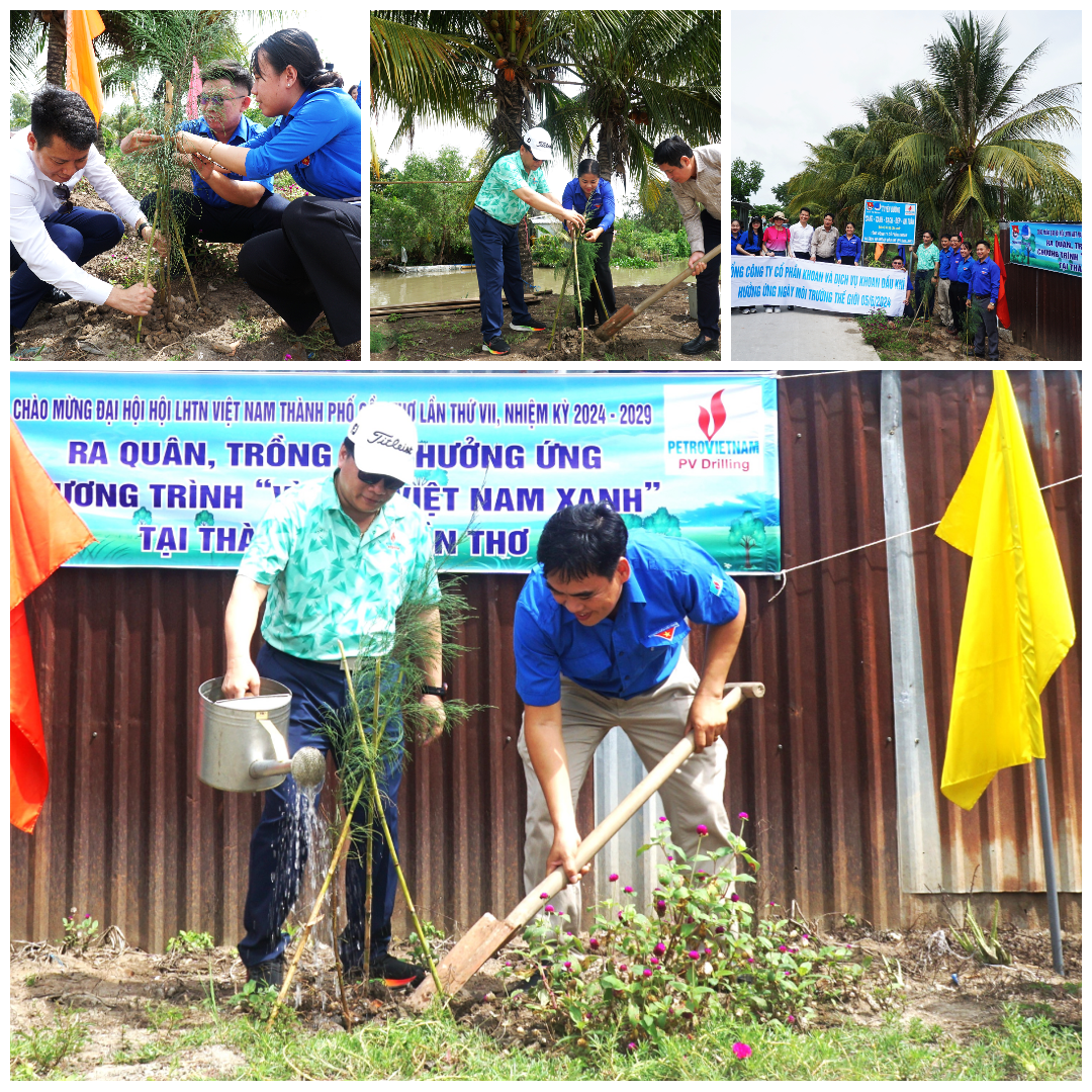 Đại diện Ban Truyền th&ocirc;ng v&agrave; Văn h&oacute;a doanh nghiệp Tập đo&agrave;n Dầu kh&iacute; Việt Nam c&ugrave;ng đo&agrave;n c&ocirc;ng t&aacute;c PV Drilling v&agrave; đo&agrave;n vi&ecirc;n thanh ni&ecirc;n TP Cần Thơ ra qu&acirc;n trồng c&acirc;y
