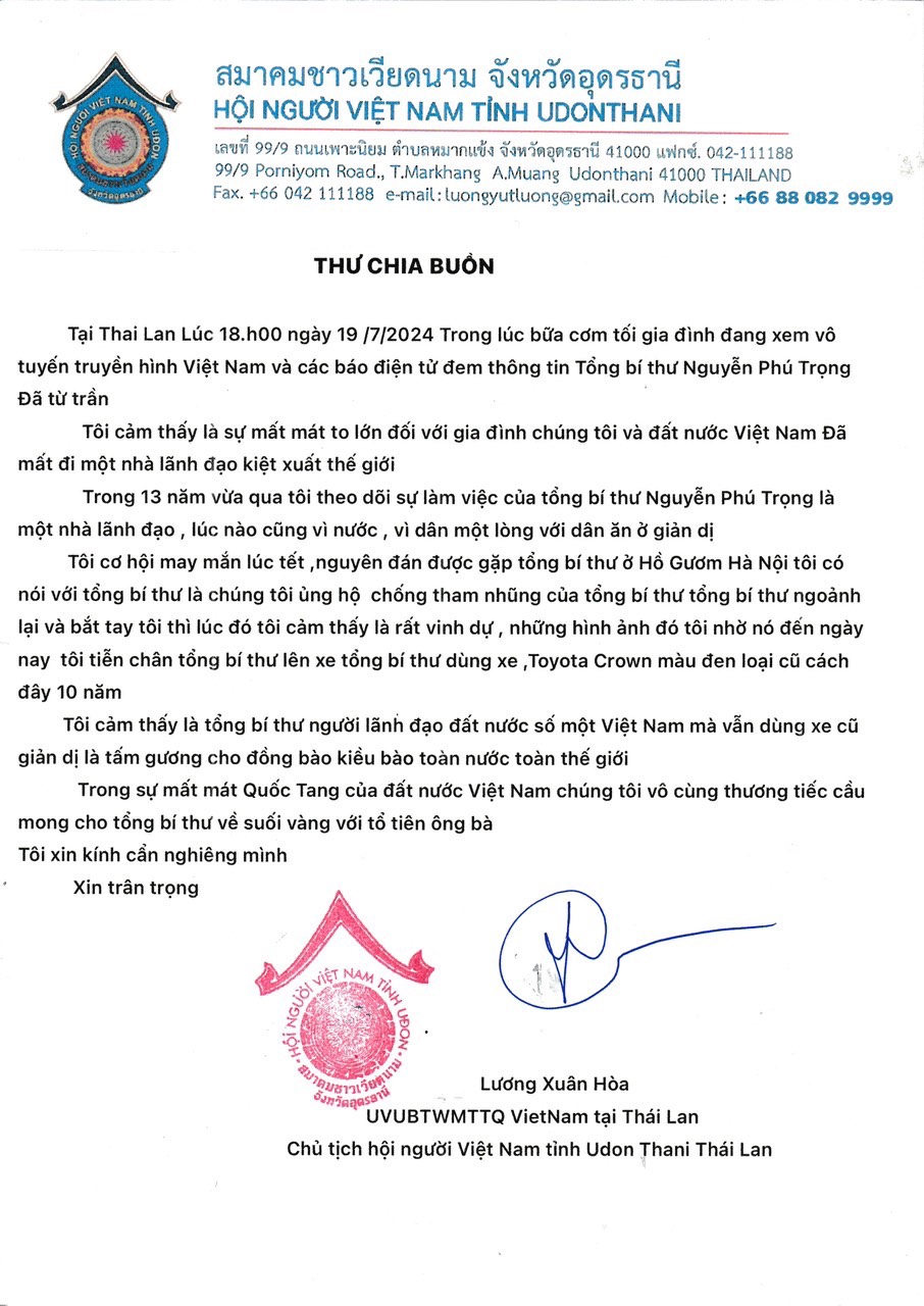 Thư chia buồn của kiều b&agrave;o trước sự ra đi của Tổng B&iacute; thư Nguyễn Ph&uacute; Trọng- Ảnh 1.