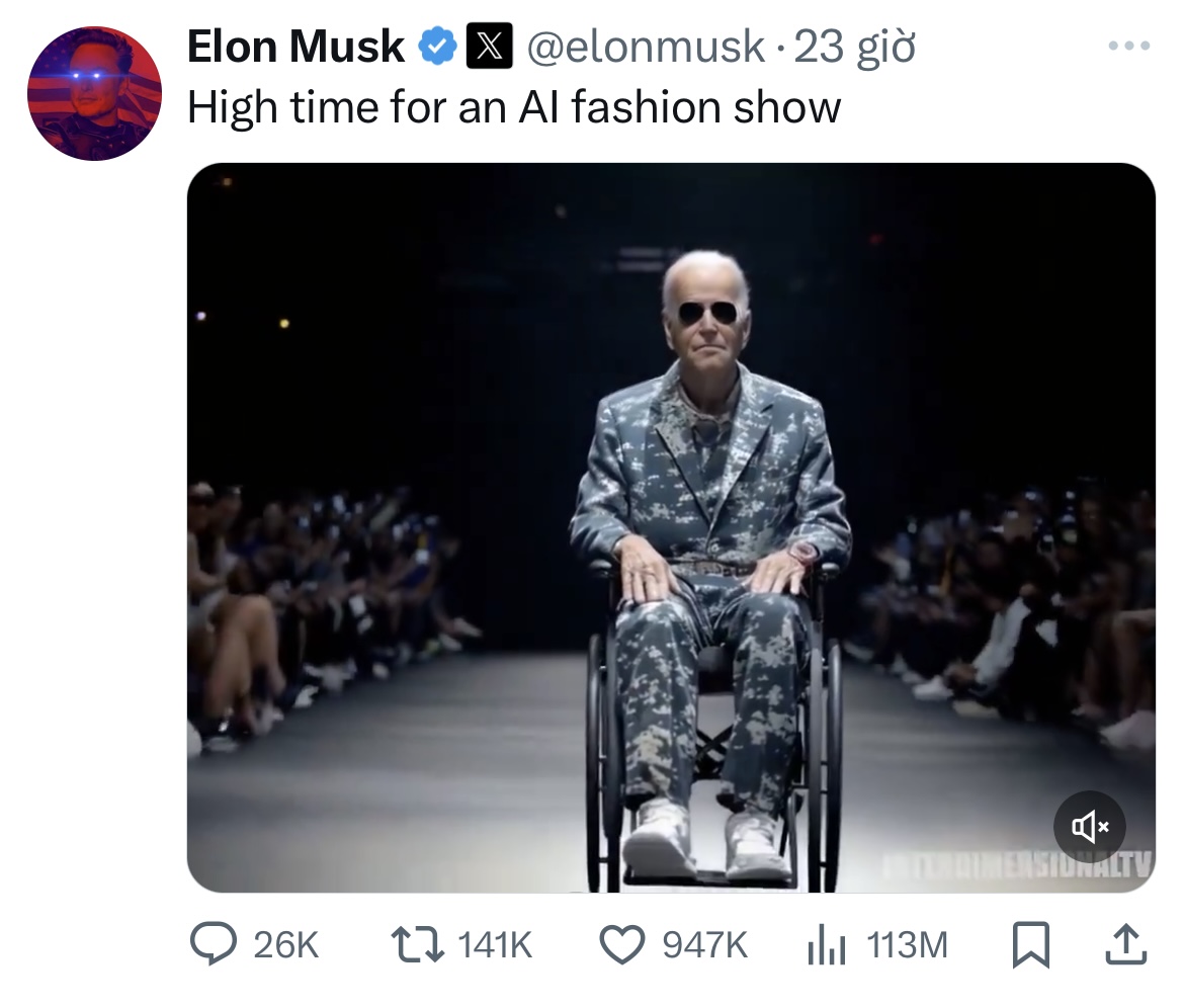Tỉ ph&uacute; &ldquo;đi&ecirc;n&rdquo; Elon Musk l&agrave;m show thời trang AI, tr&ecirc;u &ocirc;ng Trump v&agrave; Biden?- Ảnh 2.