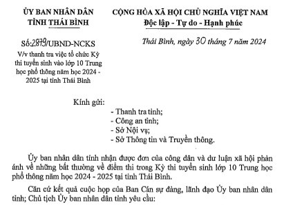 Bất thường điểm thi v&agrave;o lớp 10: Xem x&eacute;t tạm đ&igrave;nh chỉ Gi&aacute;m đốc Sở GD-ĐT Th&aacute;i B&igrave;nh- Ảnh 1.