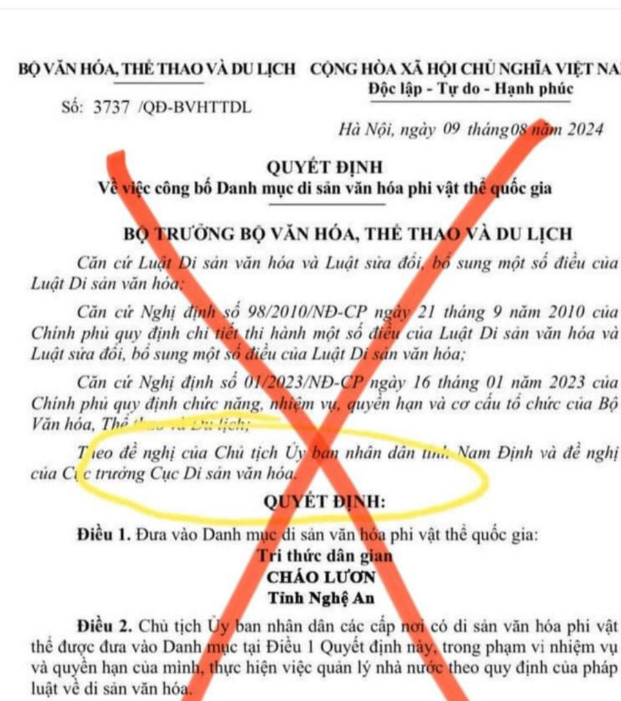 Bộ VH-TT-DL đề nghị xử l&yacute; th&ocirc;ng tin xuy&ecirc;n tạc về ch&aacute;o lươn Nghệ An- Ảnh 1.