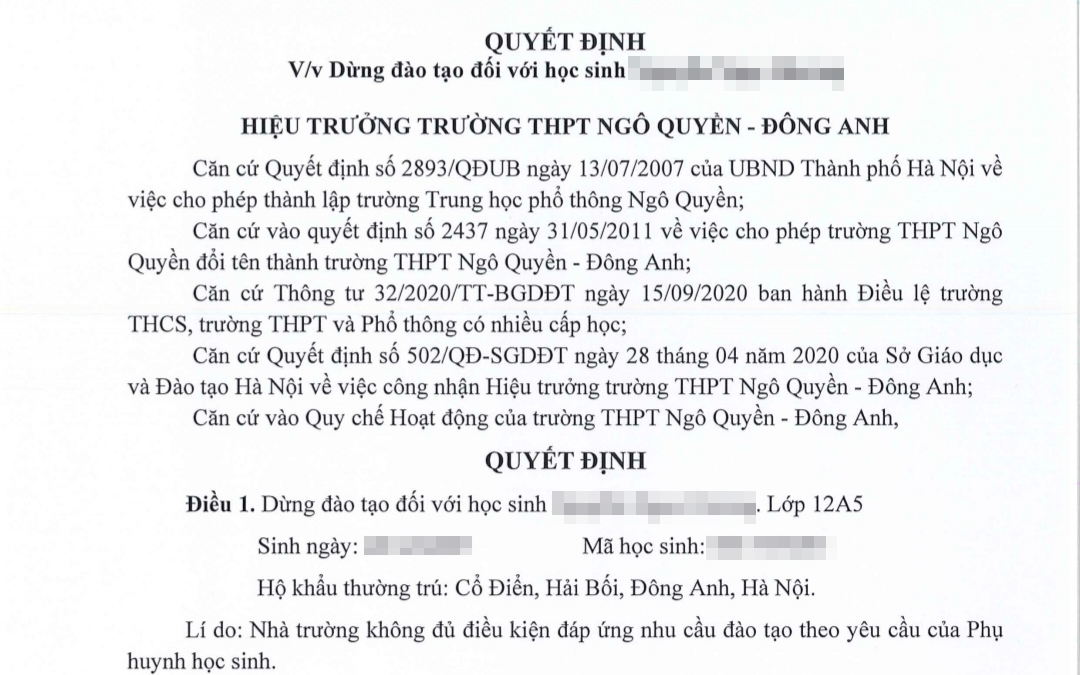 Phụ huynh có ý kiến, nhà trường quyết định "dừng đào tạo" với học sinh