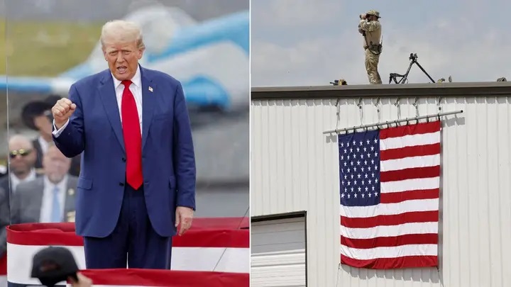 Ảnh b&ecirc;n tr&aacute;i: Cựu Tổng thống Donald Trump vận động tranh cử ở Bắc Carolina sau lớp k&iacute;nh chống đạn. Ảnh b&ecirc;n phải: Tay s&uacute;ng bắn tỉa đang theo d&otilde;i sự kiện. Ảnh: Reuters