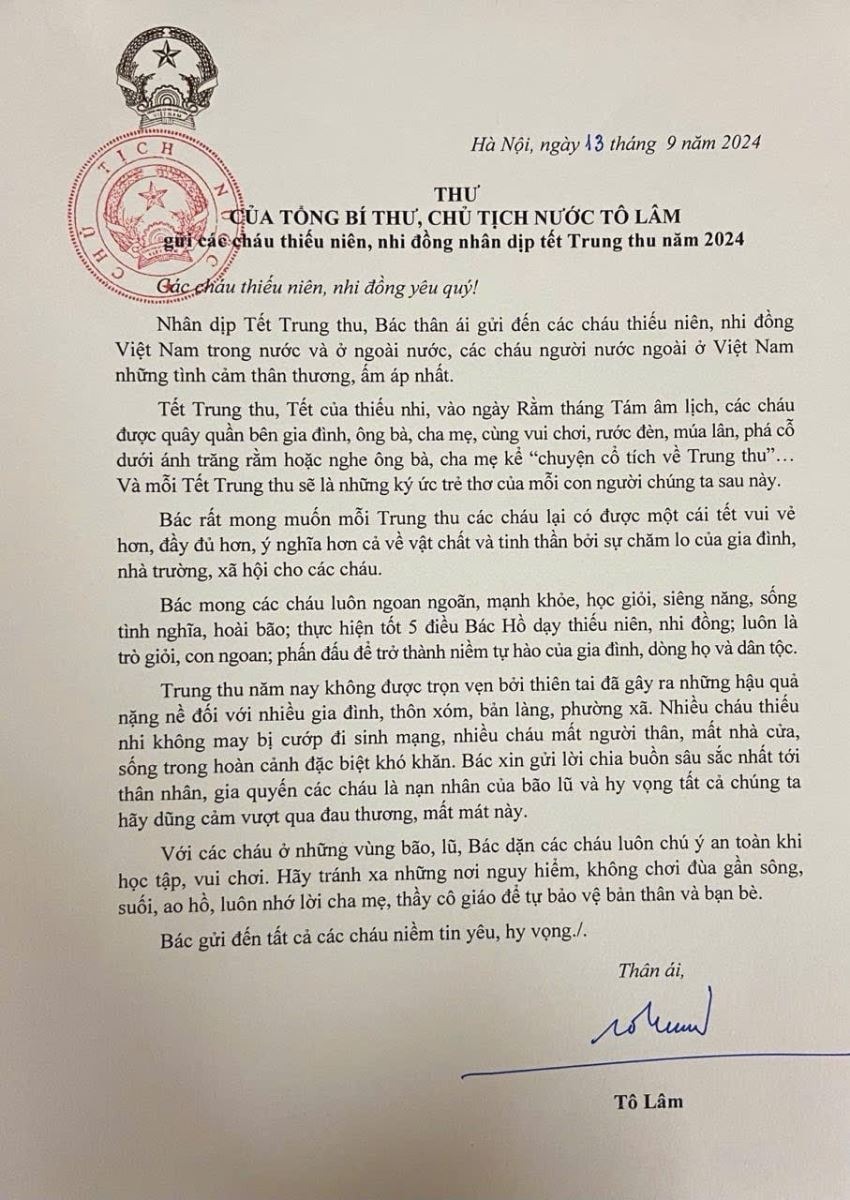 Tổng B&iacute; thư, Chủ tịch nước T&ocirc; L&acirc;m gửi thư x&uacute;c động ch&uacute;c Tết Trung thu thiếu ni&ecirc;n, nhi đồng- Ảnh 2.