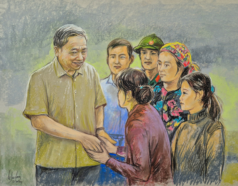 Bức họa Tổng B&iacute; thư, Chủ tịch nước T&ocirc; L&acirc;m thăm hỏi, động vi&ecirc;n người d&acirc;n, lực lượng cứu trợ sau thi&ecirc;n tai tại Tuy&ecirc;n Quang Ảnh: L&Ecirc; SA LONG