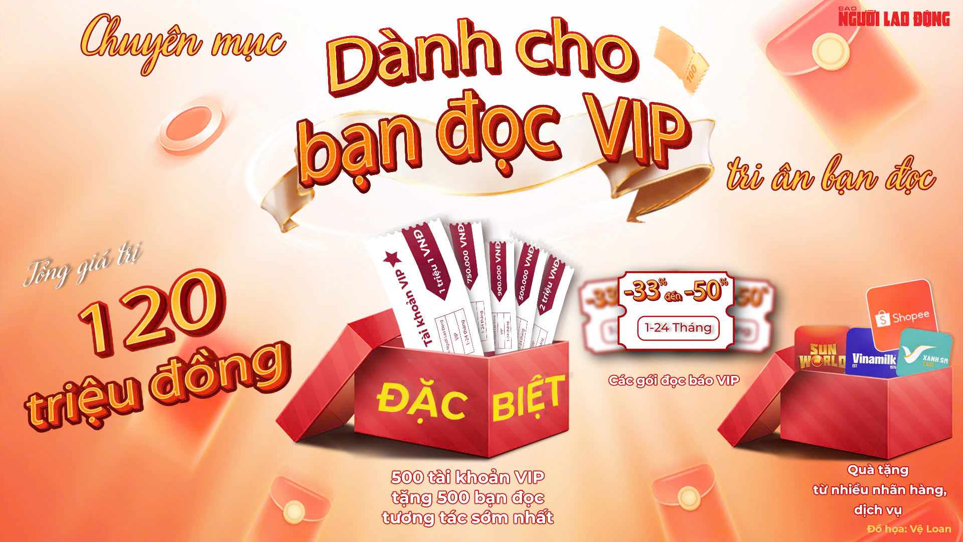 Báo Người Lao Động tặng gói đọc báo 3 tháng cho 500 độc giả đăng ký tài khoản mới và nhiều quà tặng, ưu đãi khác dành cho khách hàng gia hạn gói đăng ký đọc báo trả phí tại “Dành cho bạn đọc VIP”. Đồ họa: VỆ LOAN