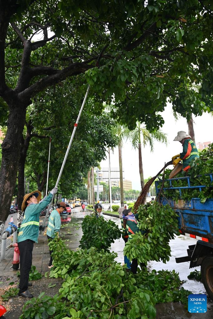 Workers cut redundant branches of trees ahead of the landfall of typhoon Yagi in Haikou, south China's Hainan Province, Sept. 5, 2024. The State Flood Control and Drought Relief Headquarters raised its emergency response for flood and typhoon prevention from level III to level II in Guangdong and Hainan provinces at 3 p.m. Thursday, as typhoon Yagi approaches. Yagi is expected to make landfall on Friday afternoon or evening somewhere between the city of Qionghai in Hainan and Maoming City in Guangdong. (Xinhua/Guo Cheng)