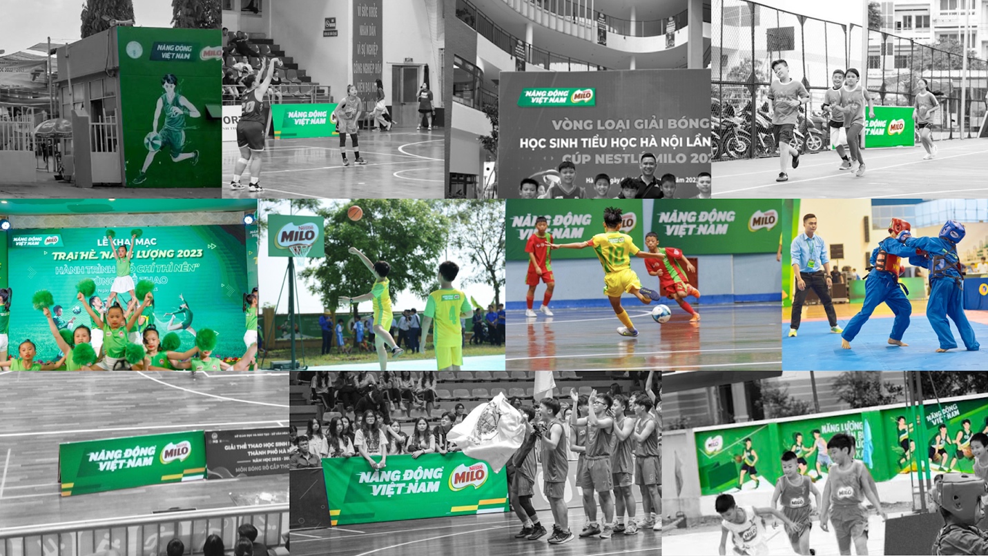 A collage of several images of kids playing sports Description automatically generated