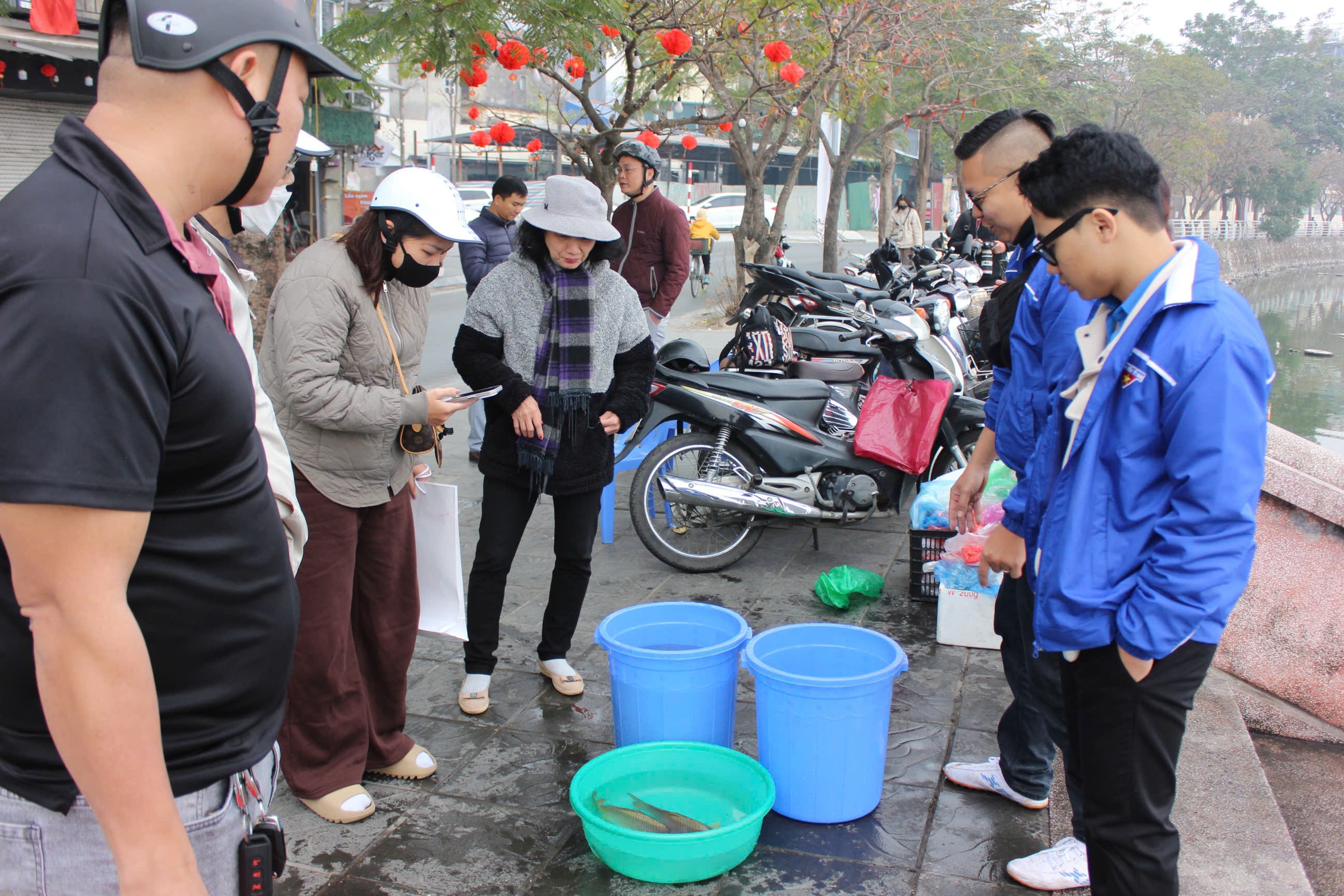 Gom cá chép vào thùng nhựa 180 lít thả xuống sông Hồng để tiễn ông Công, ông Táo về trời- Ảnh 1.