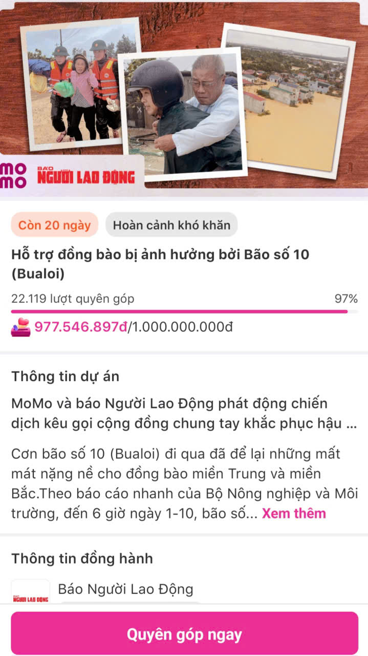 Hơn 970 triệu đồng quyên góp hỗ trợ đồng bào vùng lũ qua MoMo - Ảnh 2.