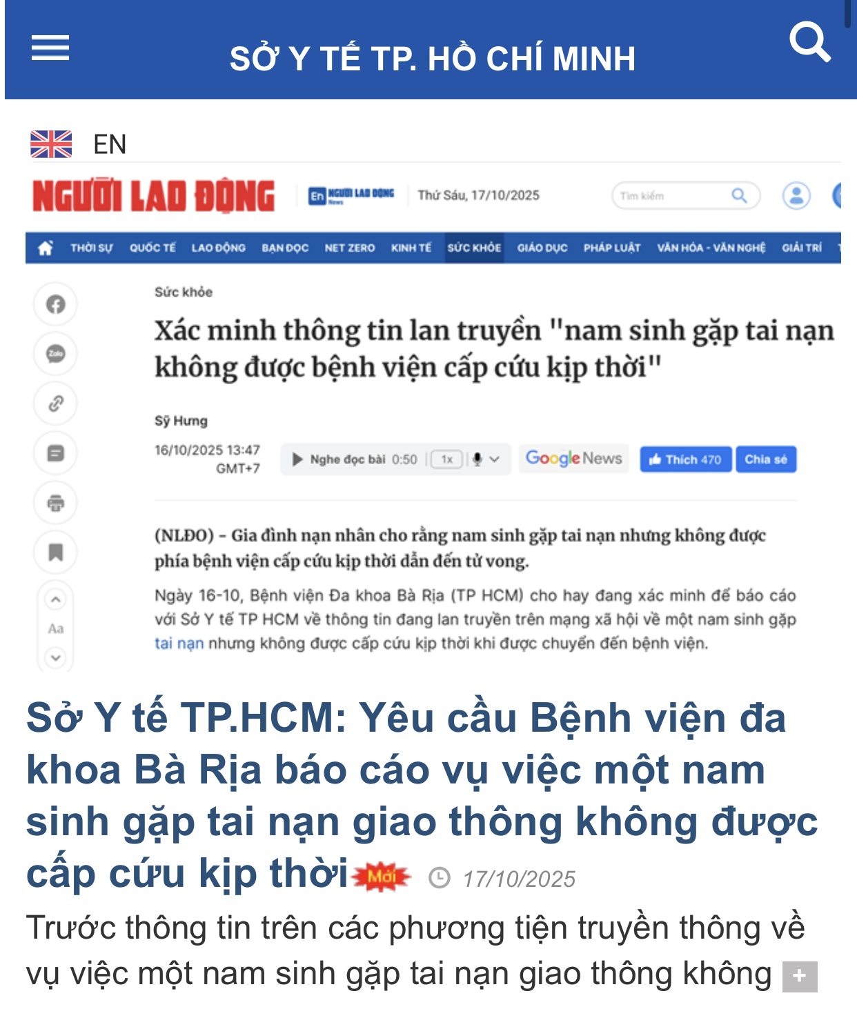 Sở Y tế v&agrave;o cuộc vụ nam sinh bị tai nạn kh&ocirc;ng được bệnh viện cấp cứu - Ảnh 1.